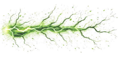 Green electrical discharge with glowing end on black background