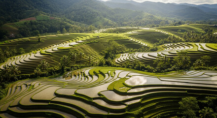 Aerial view of the stunning tegalalang rice terraces in ubud, bali, showcasing the lush green landscape and intricate irrigation system