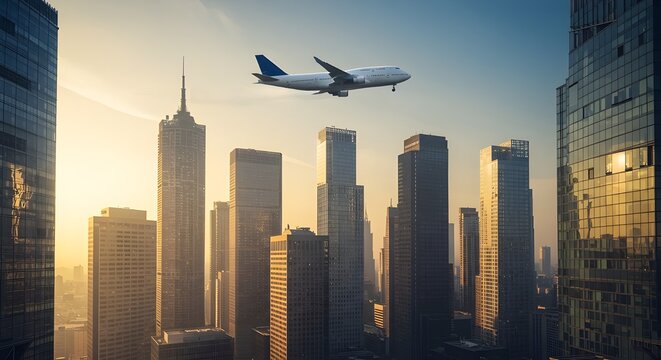 Modern airplane flying above glass skyscrapers in financial district, reflecting city lights and clouds. Futuristic urban skyline and business travel concept.