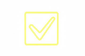 Yellow neon check mark inside a square checkbox icon on a transparent background, indicating confirmation or approval