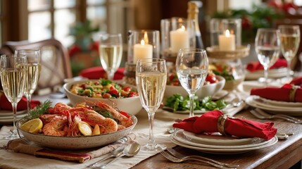 Seafood dinner table with shrimp, salads, candles, and red accents for New Year celebration