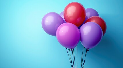Purple and red balloons floating in the sky, close - up highlights colors, great for festive events
