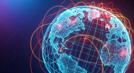 Global network connection a vibrant, interconnected world map illuminated with digital nodes and flowing lines, symbolizing communication and technology