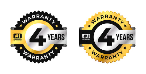 Premium 4 years warranty badge vector with black, gold and silver colors. Perfect for product guarantee, quality assurance, label, or certification design