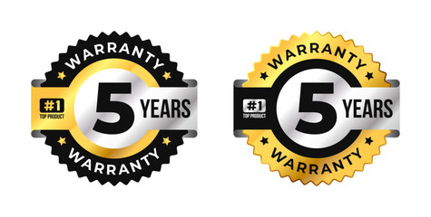 Premium 5 years warranty badge vector with black, gold and silver colors. Perfect for product guarantee, quality assurance, label, or certification design