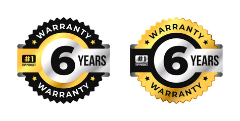 Premium 6 years warranty badge vector with black, gold and silver colors. Perfect for product guarantee, quality assurance, label, or certification design