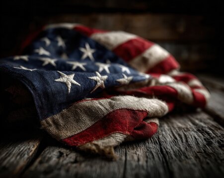 American flag draped over rustic wooden table, empty copy space for message
