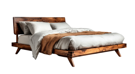 Cozy wooden bed with white linen, warm blanket
