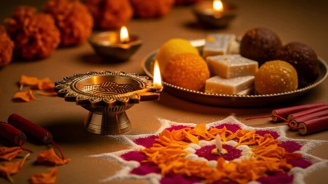 Vibrant Diwali festival scene with traditional brass diya, intricate rangoli design, assorted Indian sweets, and festive decorations on a warm background.