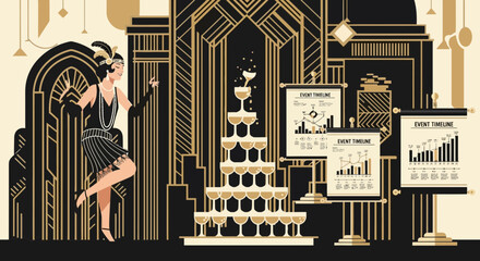 Glamorous twenties themed business presentation with vintage flapper dancer