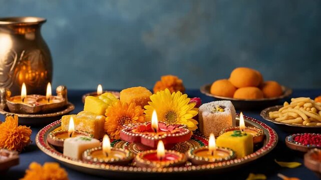 Vibrant Diwali festival setup with glowing diyas, traditional Indian sweets, and marigold flowers on a dark blue background