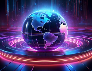 A digital globe illuminates on a glowing platform with energy rings and vertical lines, representing the concept of global connectivity and future technology, showcasing its interactive and dynamic de