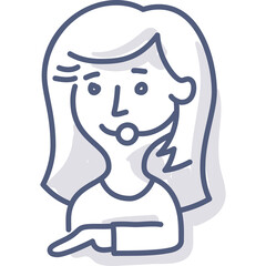 Line art drawing of a woman wearing a headset and pointing with her finger a cartoon illustration with a transparent background in blue and white colors