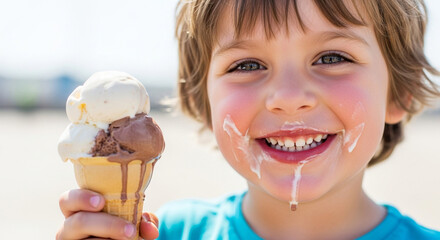 A cheerful little boy with a double scoop ice cream cone, smiling with messy face child enjoying a sweet treat on a warm summer day
