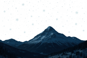 Snow capped mountain peaks and winter landscape with stars in night sky, transparent background
