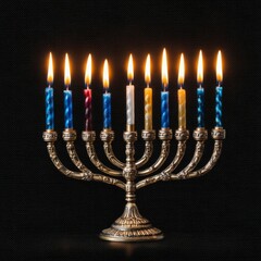 Hanukkah menorah fully lit against black background, editorial festive photograph highlighting tradition, spirituality, and the warm glow of Jewish holiday culture