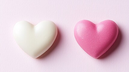 Fototapeta premium Two simple hearts, one white and one pink, floating on a gradient background 