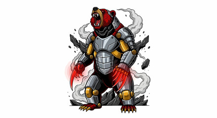 Armored Red Bear with Glowing Claws Roaring Amidst Stone Debris and Smoke.