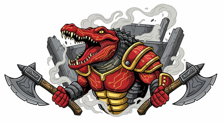 Armored Red Alligator Warrior with Axes Amidst Crumbled Stone and Smoke.