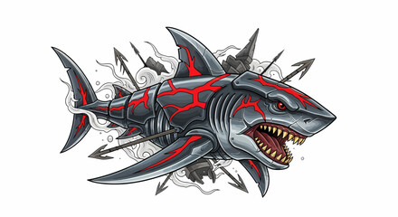 Armored Shark with Red Veins and Embedded Arrows Fierce Gaze.