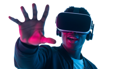 Man wearing vr headset, reaching out with hand, illuminated by pink and blue light isolated on transparent background