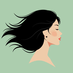 Woman profile with flowing black hair windblown artistic digital art style portrait
