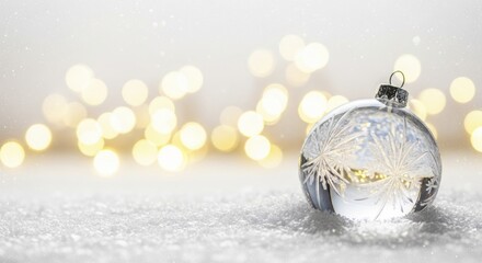  Glistening clear glass holiday ornament with snowflake decoration resting in fresh white snow against golden bokeh lights