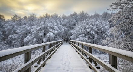 Snowy wooden footbridge leading into a frost-covered winter forest under a golden sky