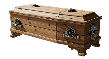 Ornate wooden coffin with skull and rose decorations isolated on transparent background