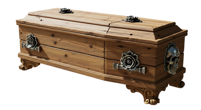Ornate wooden coffin with skull and rose decorations isolated on transparent background