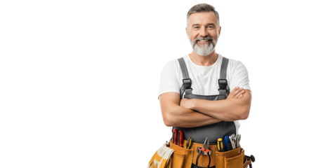 Smiling handyman with tool belt isolated on transparent background