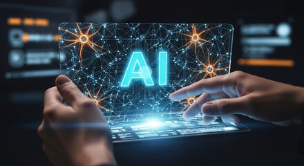 Hands holding tablet with holographic “AI” letters and neural network icons, futuristic digital innovation