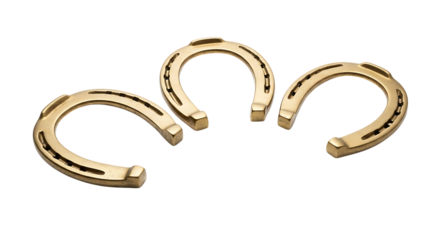Three golden horseshoes isolated on transparent background