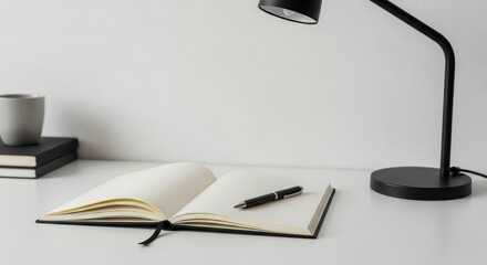 Open notebook with a pen on a white desk next to a lamp and a cup, isolated on white background, creating a clean workspace