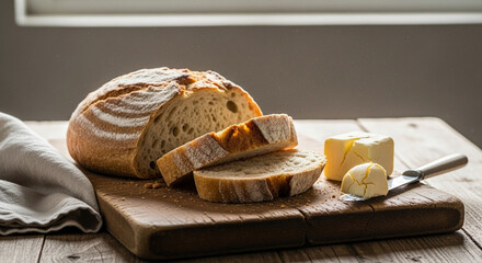 Rustic sourdough bread loaf with butter on a wooden cutting board, illuminated by natural light from a nearby window, creating a cozy atmosphere
