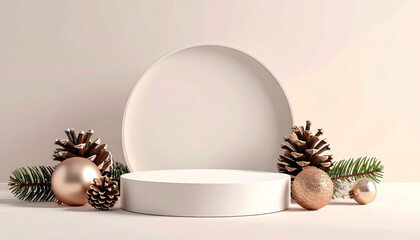 Festive Christmas display with ornaments and pine cones.