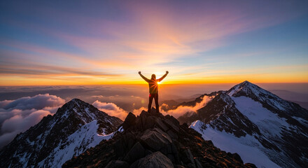 A triumphant hiker on a snowcapped mountain peak with arms raised at sunrise, celebrating success and the beauty of nature