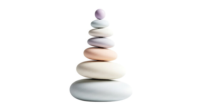 Stack of smooth, pastelcolored stones balanced precariously isolated on transparent background