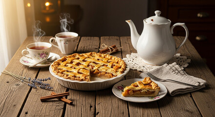 Cozy autumn scene featuring apple pie, tea, and cinnamon sticks on a rustic wooden table, evoking warmth and comfort with soft lighting