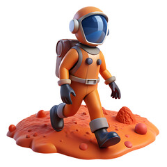 Cartoon Astronaut Walking on Mars: 3D Render of Space Exploration, Martian Landscape, Sci-Fi, Fantasy Spaceman, Orange Spacesuit, Adventure in Outer Space