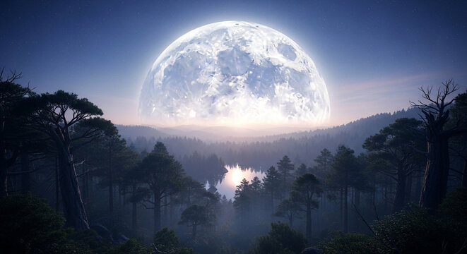 Majestic full moon rising over a misty forest landscape, creating a serene and magical atmosphere with a sense of wonder and tranquility