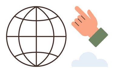 Globe with outlined grid, hand pointing up, and small cloud. Ideal for global communication, technology, networking, cloud computing, connectivity internet and digital concepts. Simple flat