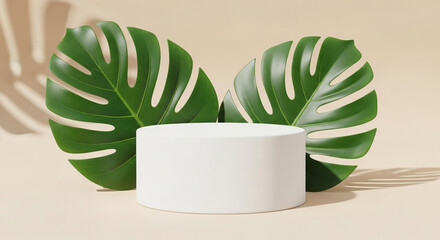 Minimalist product display stand with monstera leaves against a beige background, ideal for showcasing natural beauty and cosmetic products