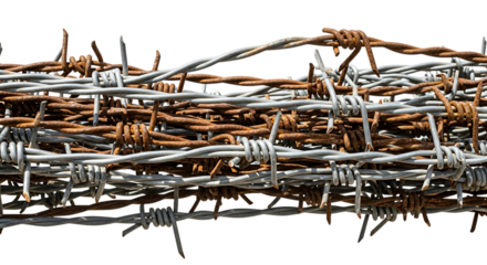 Closeup of tangled rusty and silver barbed wire, isolated on transparent background