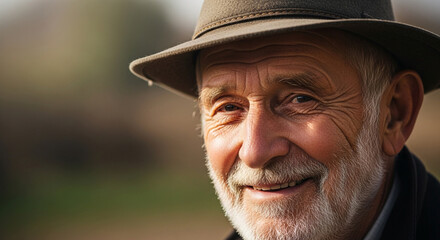 Closeup portrait of a smiling senior man with a hat, showcasing his weathered face and kind eyes in a natural outdoor setting