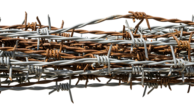 Closeup of tangled rusty and silver barbed wire, isolated on transparent background