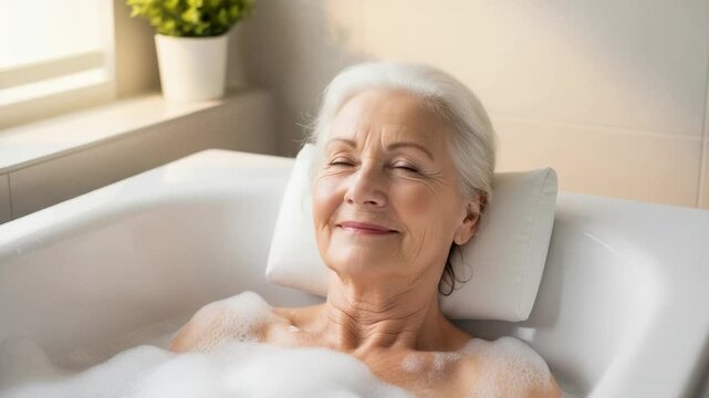Relaxed senior woman enjoying a luxurious bubble bath in a bright bathroom, finding peace and comfort with closed eyes