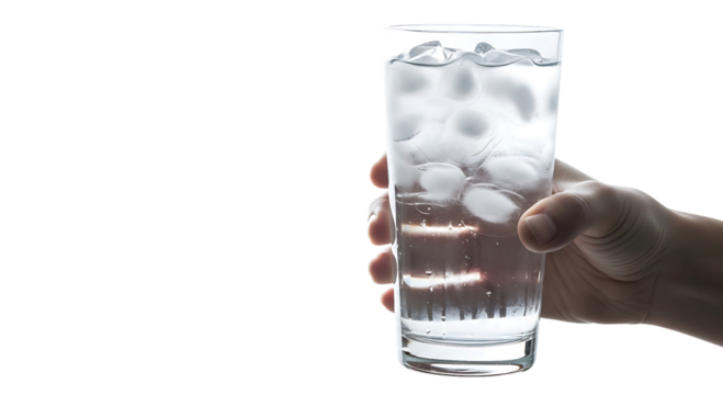 Hand holding a tall glass of iced water isolated on transparent background