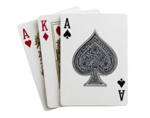 Three playing cards Ace of Hearts, King of Diamonds, Ace of Spades