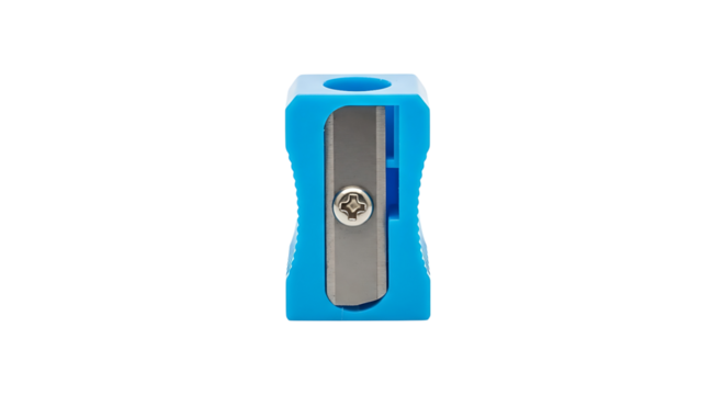 A bright blue pencil sharpener with a silver blade, isolated on a transparent background - Powered by Adobe